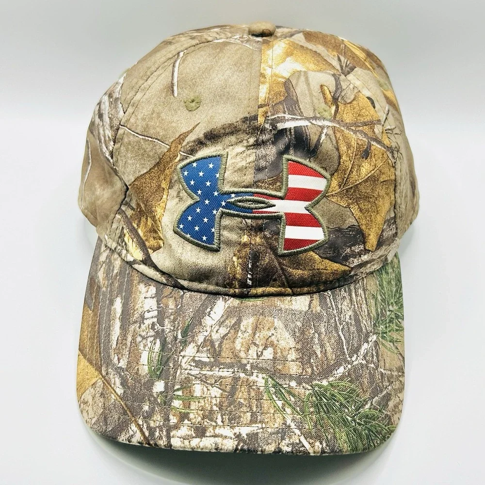 Under Armour USA Flag Logo Camo Hat Cap Adjustable Snapback Brown Hunting Casual